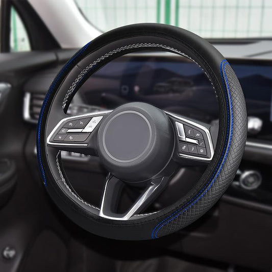 Car Steering Wheel Cover, Universal 14.5-15 Inch Black Leather Steering Wheel Wrap with Better Sport Grip for Men Women, Anti-Slip Breathable Car Interior Accessories for Most Vehicles (Black blue2)