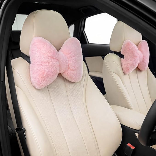 Macarrie 2 Pcs Pink Car Neck Pillow Imitation Rabbit Fur Bow Pillow | Soft Comfortable Seat Headrest Support, Cute Bow Car Accessories, Driving Travel Driver Chair Girl Interior Decor, Solid