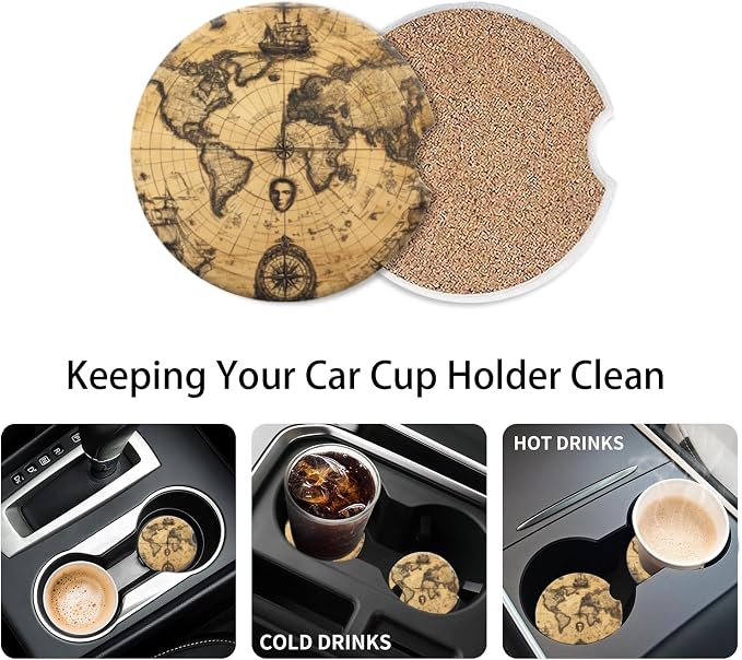 Cup Holder for Car,Rustic Ancient World Map Print Ceramic Coasters Non-Slip Cup Holder Insert with Fingertip Grip, Auto Interior Accessories for Women & Men,Pack of 2, 2.56In