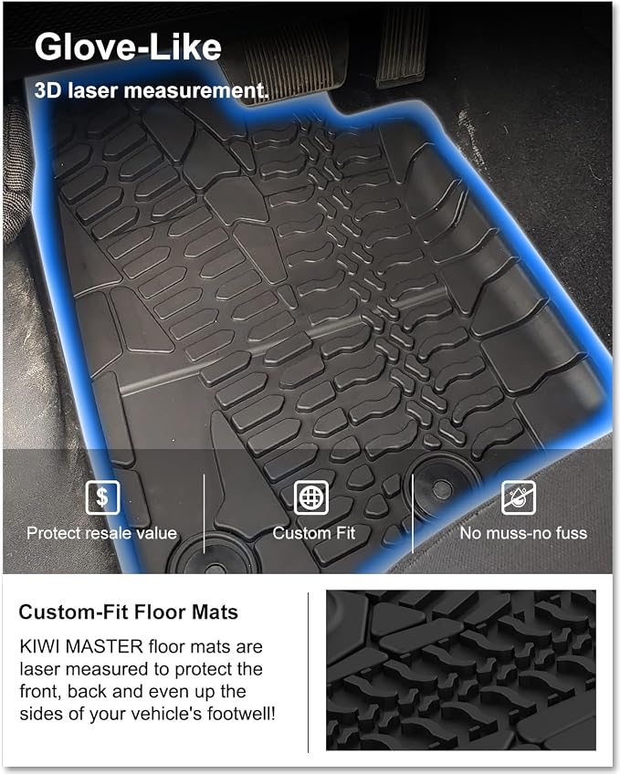 Kiwi Master Floor Mats for 2014-2017 Jeep Wrangler JK 2-Door | Custom Fit All Weather Car Mats, Heavy Duty TPE Floor Liners, Front & Rear 2 Row Set, Black