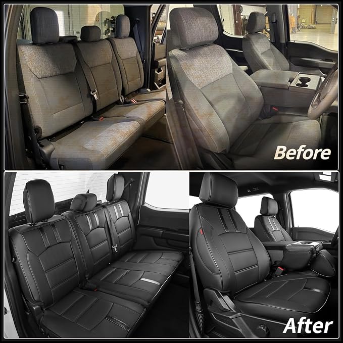 coverdream F150 Seat Covers for 2021-2025 2026 Ford F150 SuperCrew XL,XLT,STX/F150 Lightning(2022-24)/Super Duty(2023-26) XL,XLT,w/No Rear Armrest,Fully Covered,Leather Seat Protector(Full Set,Black)