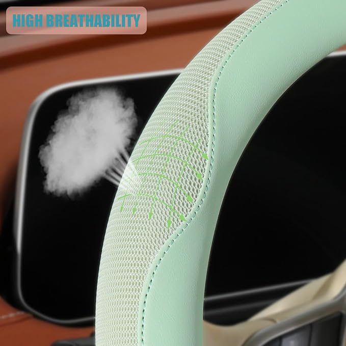 Nappa Leather Green Steering Wheel Cover Large 16 inch | Non-Slip Breathable Microfiber Leather and Ice Silk Fabric, Warm in Winter and Cool in Summer, 15.5 inch to 16 inch