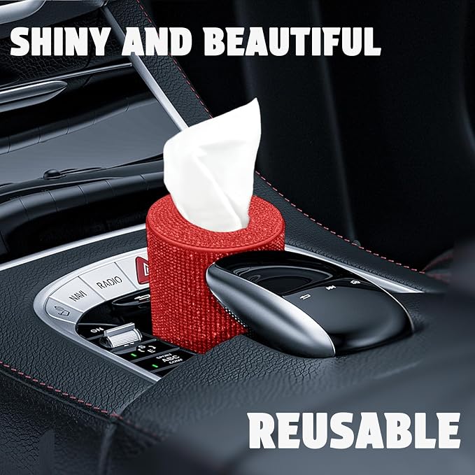 Bling Car Tissue Holder for Cup Holder – Sparkly Rhinestone Round Tissue Dispenser with 1 Pack Tissues – Fits Standard Auto Cup Holders – Stylish Car Interior Accessory for Women(RED)