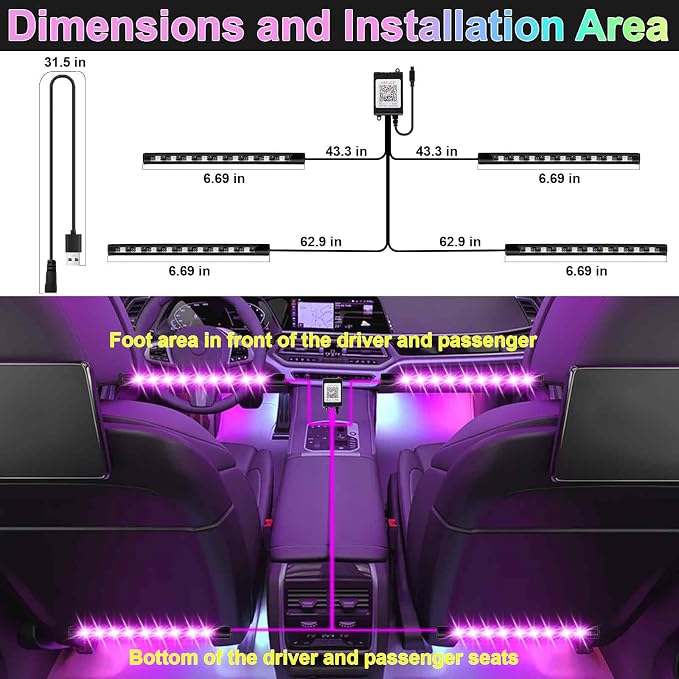 BFXM Car Interior Lights, Car Accessories Interior, 5V LED Strip Lights with USB Adapter, Ambient Lighting, App & Remote Control Music Sync Color Change Lights for Truck Car Decor