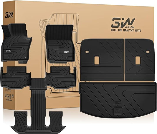 3W Floor Mats & Backrest Mats & Cargo Mats for Mazda CX-90/CX-90 PHEV 2026 2025 2024 7 Seats with 2nd Row Bucket Seats, All Weather TPE Custom Fit Floor Liners Accessories