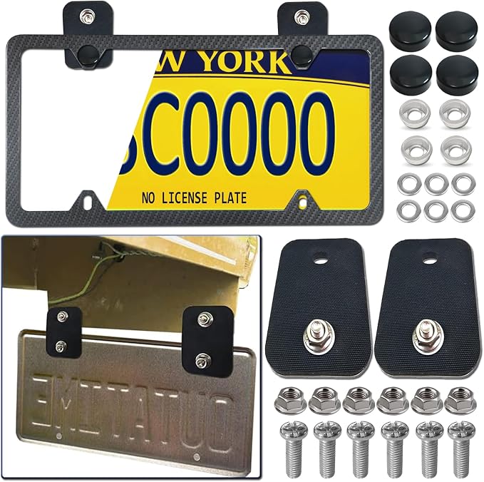 Aootf Trailer License Plate Holder Bracket, Rubber Holder with Carbon Frame | Truck/RVs/Boats/Jet Ski Tag Holder, Black Screw Caps
