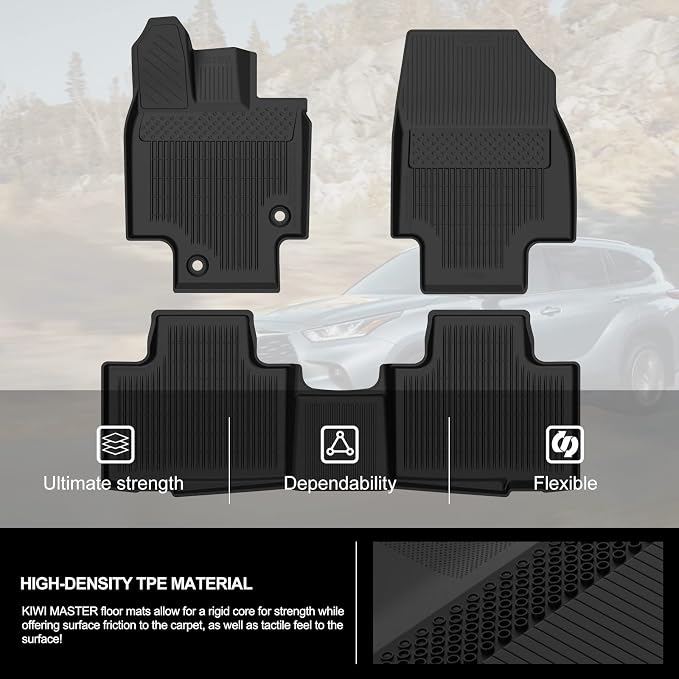 Kiwi Master Floor Mats for 2020-2026 Toyota Highlander | Custom Fit All Weather Car Mats, Heavy Duty TPE Floor Liners, Front & Rear 2 Row Set, Black