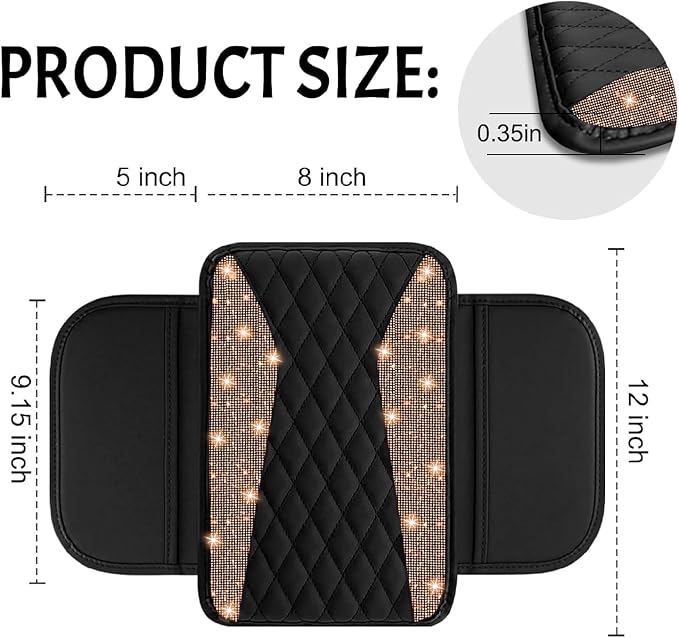 NBTEPEM Bling Car Center Console Cover, Leather Middle Console Cover with 2 Storage Bags, Universal Arm Rest Cover, Bling Car Accessories Interior Fit for Most Vehicles, Champagne Diamond