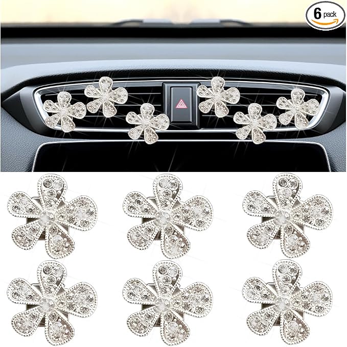 Mandark 6PCS Bling Daisy Flower Car Air Vent Clip, Crystal Rhinestone Vehicle Air Vent Outlet Clip, Cute Auto Air Conditioning Clip Charm Interior Decor Accessories for Women Girls（Silver）