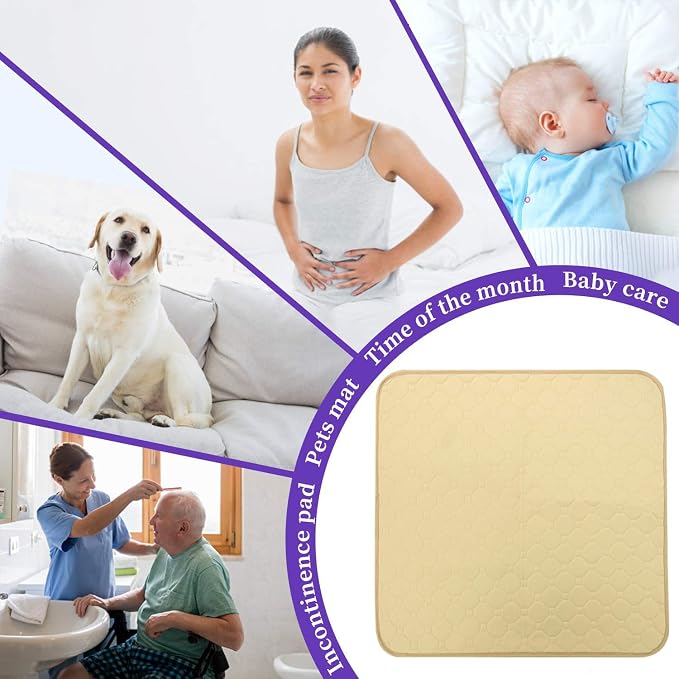 Non-Slip Absorbent Washable Incontinence Pad underpad Seat 4-Layer Design Chair Absorbent Pads Protection - for Seniors, Adult, Children, or Pet Underpad Protection - Set of 2 (Beige, 21" L x 22" W)