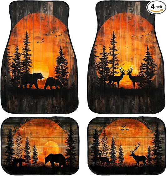 Bear Car Floor Mats Set of 4 Sunset Forest Pine Tree Wildlife Rustic Deer Automotive Foot Mats Rugs Carpet for Car Non-Slip Auto Car Accessories Universal Fit for Car SUV Truck Van