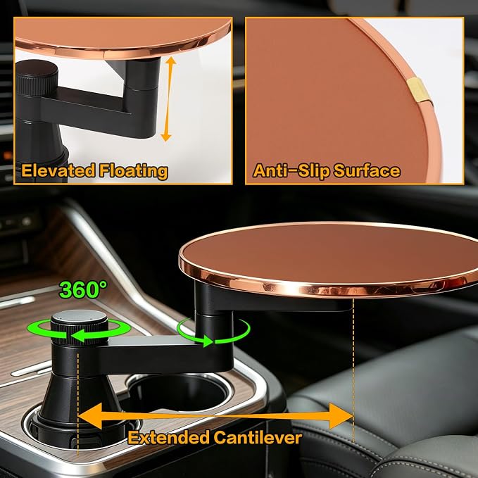 Car Tray Table & Car Desk for Laptop, Dual 360° Rotating Cup Holder Tray, Anti-Slip Leather-Textured Car Food Tray for Eating, Working & Makeup, Compatible with Tesla Model Y/3/S & Most Vehicles