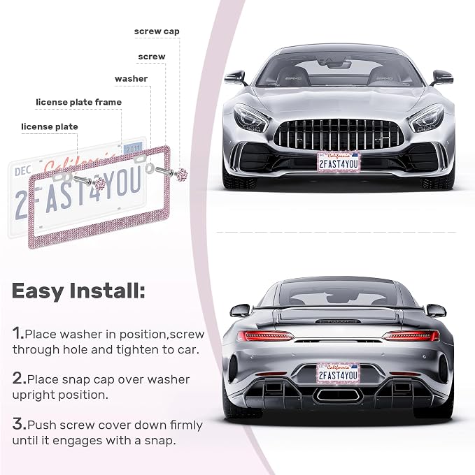 QUANQIUFEI 2 Pack Bling License Plate Frames, Sparkly Rhinestone Diamond Car License Plate Cover for Women, Stainless Steel Car Accessories with Glitter Crystal Caps (Light Amethyst)