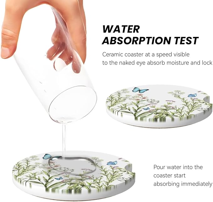 Flower Butterfly Car Cup Holder Coaster 2 Pack - Absorbent Ceramic Coasters With Anti-Slip Cork Base and Finger Notch for Women Men Universal Car Accessories Interior