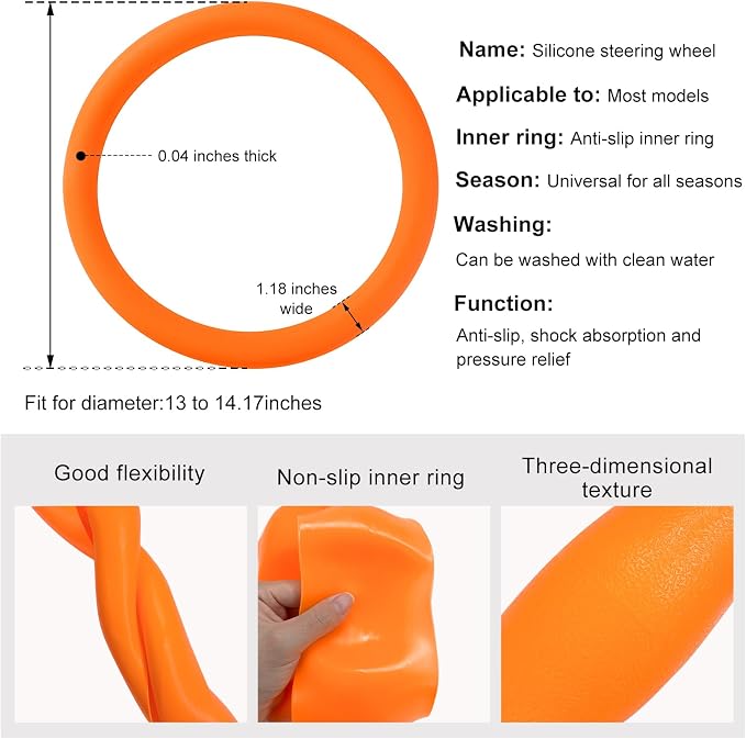 DXNQ Car Steering Wheel Cover, 13 to 14.17 inches Anti-Slip Silicone Steering Wheel Protector, Soft Flexible Shock-Absorbent Steering Wheel Protective Cover for Most Car Models (Orange)