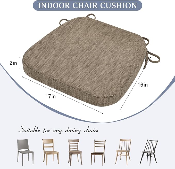 baibu Kitchen Chair Cushions, Dual-Layer Patented Design Molded Memory Foam Dining Chair Pads with Ties and Washable Cover, 17" x 16" x 2", Light Brown