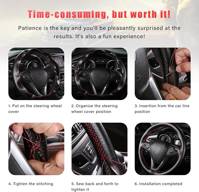 Augeny Genuine Leather Steering Wheel Cover, Breathable Anti-Slip Car Steering Wheel Protector Stitch on Wrap for Max Diameter 15 Inch, DIY Sewing with Needle Thread (Full Hole, Beige)