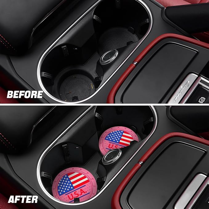 AUCELI 2 Pack Car Cup Holder Coasters, Colored American Flag US Flag Insert Car Cup Coaster, 2.75 Inch Anti Slip Shockproof Embedded Drink Mat, Vehicle Interior Decor Accessories