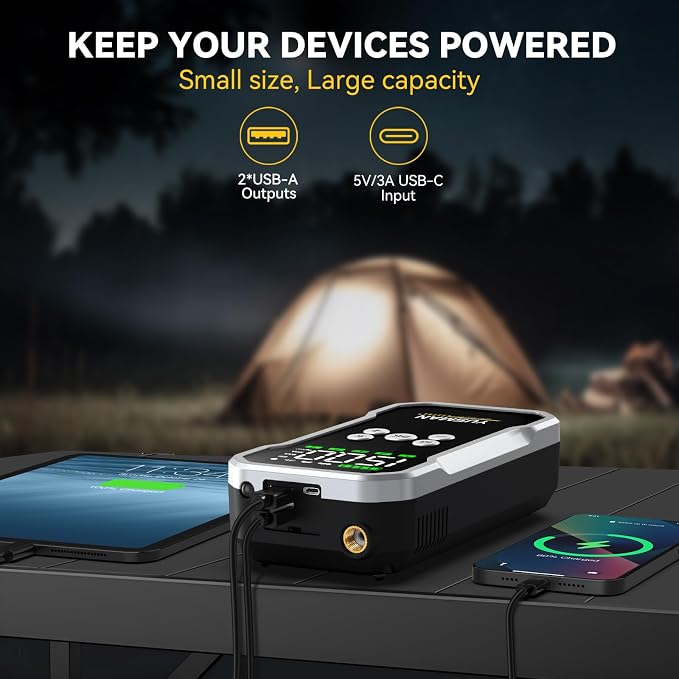 Jump Starter with Air Compressor, 8000A 160PSI Battery Booster Pack | For 12V vehicles, 10.0L gas and 7.0L diesel, with display, smart clamps, tire inflator, 2 USB-A ports, and 2 LED lights