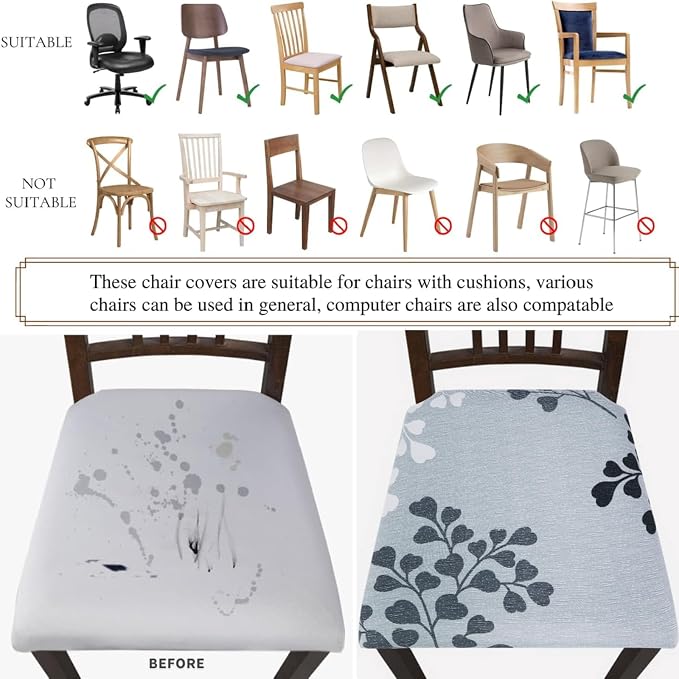 SearchI Water Repellent Seat Covers for Dining Chairs, 6 Pack Jacquard Stretch Dining Room Chair Seat Covers, Kitchen Chair Seat Covers Protectors(Grey Foliage)