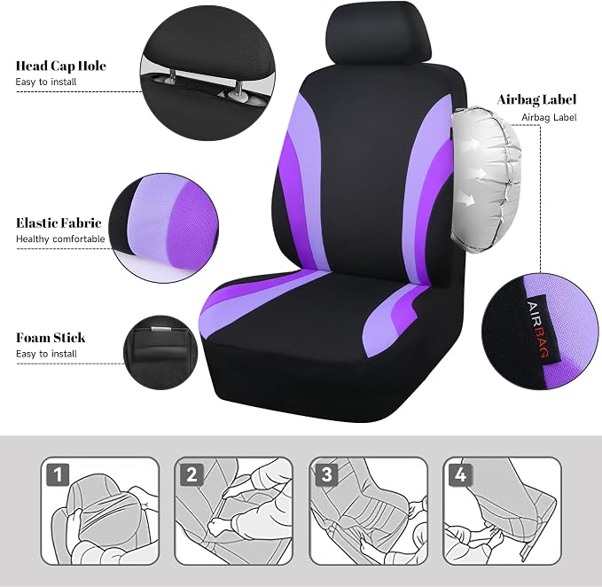 CAR PASS Line Rider Sporty Front Seat Covers,Purple Car Seat Covers Two Front Seats Only for Cute Women Girl, Airbag Compatible,Universal Fit Sedans,Cars,Vans,SUV,Truck(Black and Purple)
