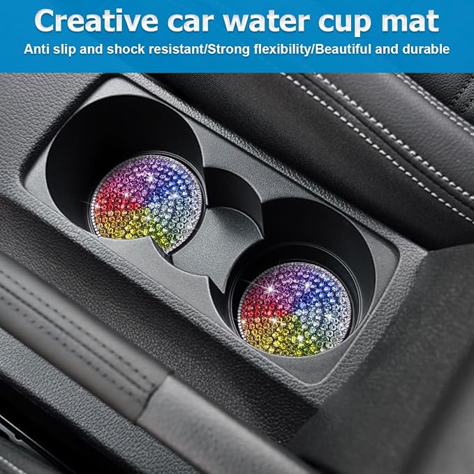 Bling Car Cup Holder Coaster, 2PCS 2.75 Inch Crystal Rhinestone Anti Slip Vehicle Drink Cup Mat for Women Girls, Auto Interior Embedded in Ornaments. Universal for SUV RV Truck (Sector)