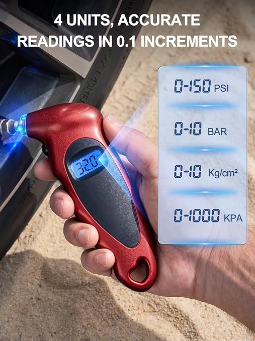 Digital Tire Pressure Gauge 150 PSI, Accurate in 0.1 Increments,1 Pack Tire Pressure Gauge with Backlight LCD, 4 Units (PSI/Bar/Kgf/cm²/KPA) Applicable to Car Truck Bicycle, Red