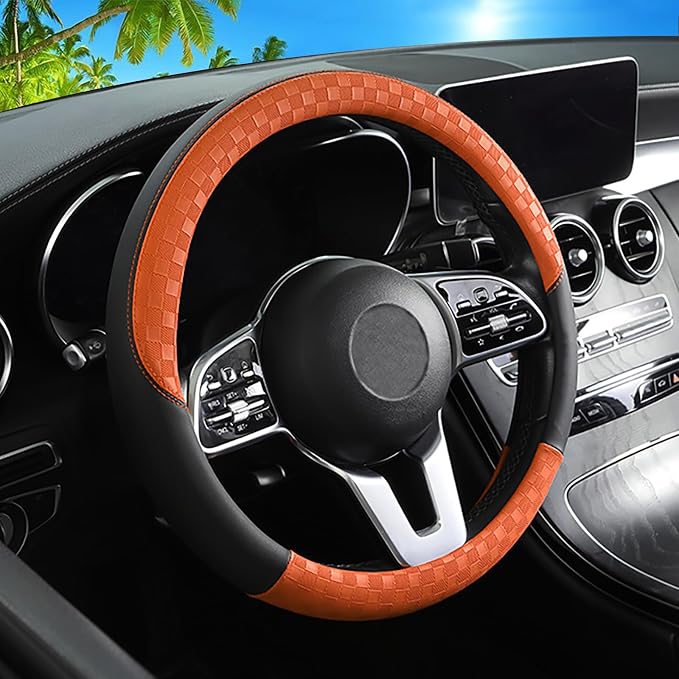 Car Leather Steering Wheel Cover - Panapi Material, Universal 14.5-15 Inch Leather Anti-Slip Breathable Auto Steering Wheel Covers for Men Women (Chessboard-Orange)