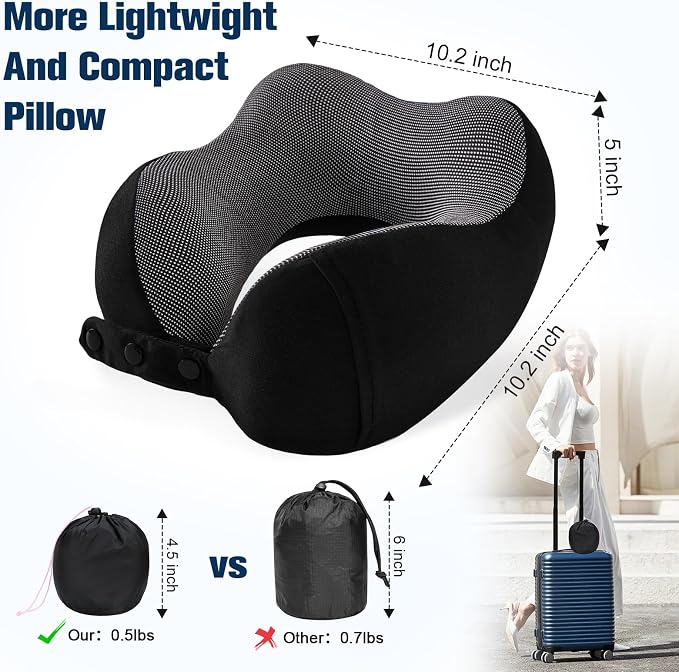 Cirorld Neck Pillow for Traveling, Travel Pillows for Airplanes,100% Pure Memory Foam Travel Neck Pillow, Adjustable Flight Pillow, Portable Plane Accessories with Eye Mask, Earplugs, Carry Bag