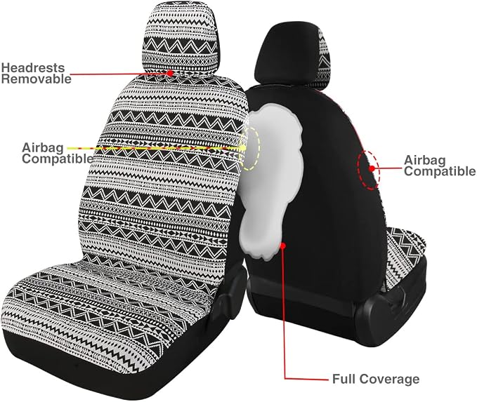 Baja Saddle Blanket Car Seat Covers 4PCS Front, Breathable Washable Striped Woven Automotive Vehicle Seat Cover, Universal Boho Seat Cover for Sedan, SUV, Truck, Airbag Compatible