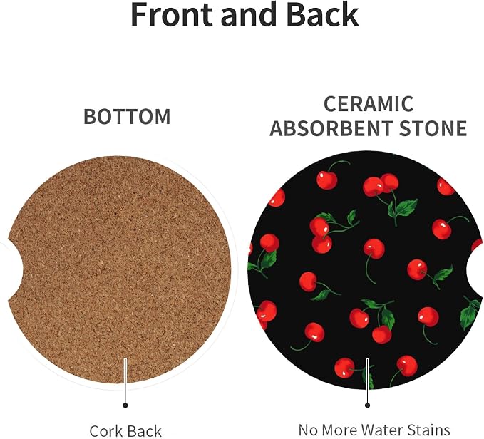 Cherry Watercolor Car Cup Holder Coasters 2 Pack 2.63" for Women | Pattern Universal Anti Slip Ceramic Absorbent Coaster with Cork Base and Finger Notch Cute Car Accessories Interior