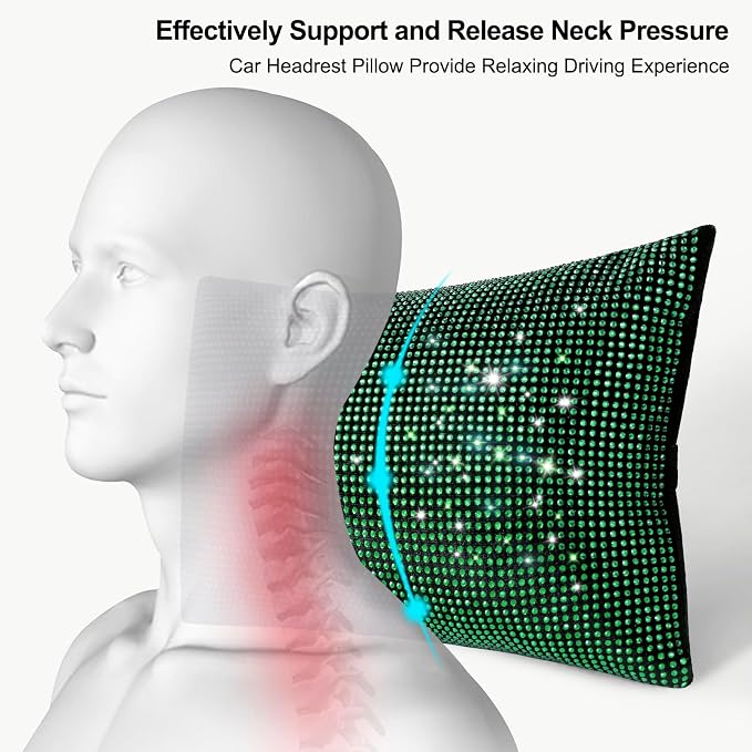 surpassme 2PCS Rhinestone Car Headrest Neck Pillow for Driving with Bling Bling Crystal Bow Pillow Car Accessories for Women (Green)