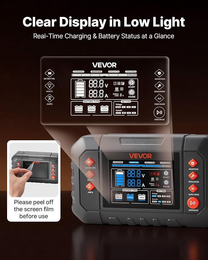 VEVOR Smart Battery Charger, 25A, 6V 12V 24V Ternary Lithium LiFePO4 Lead-Acid (Gel/AGM) Battery Charger, with 3.4-Inch LCD Display, Trickle Charging Maintainer Desulfator, for Car, Boat, Motorcycle