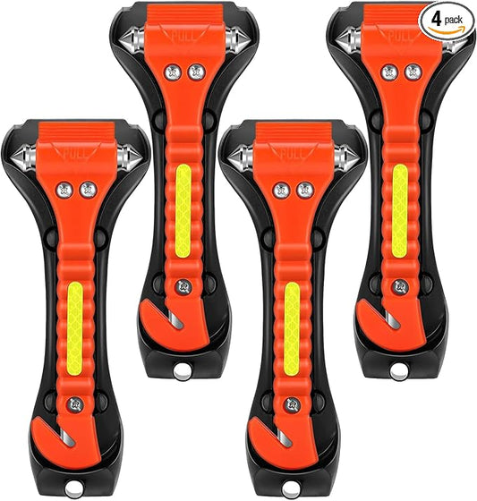 Car Safety Hammer 4 Pack, Car Window Glass Breaker and Seat Belt Cutter Car Emergency Escape Tool with Light Reflective Tape for Family Rescue, Life Saving Survival Kit
