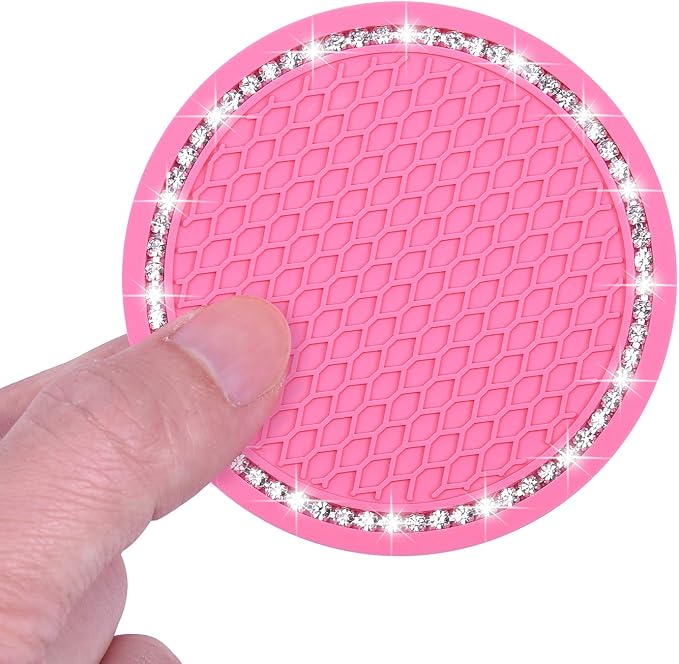 Bling Car Coasters, Wisdompro 4 Pack PVC Car Cup Holder Insert Coaster - Anti Slip Universal Vehicle Interior Accessories Crystal Glitter Cup Mats for Women and Men (2.75" Diameter, Pink)