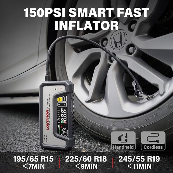 LOKITHOR JP400 Jump Starter with Air Compressor, 2500A 12V Portable Car Battery Booster Pack (8.5L Gas/6.5L Diesel) with ConnectMax Tech, 150PSI Tire Inflator, Auto-Shutoff & Dynamic Dwell (White)