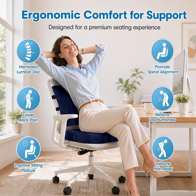 CloudBliss Lumbar Support Pillow & Seat Cushion Set for Office Chair, Desk Chair, Wheelchair & Car – Memory Foam Back Support, Ergonomic Chair Cushions, Sciatica Pain Relief, Home Essentials, Blue