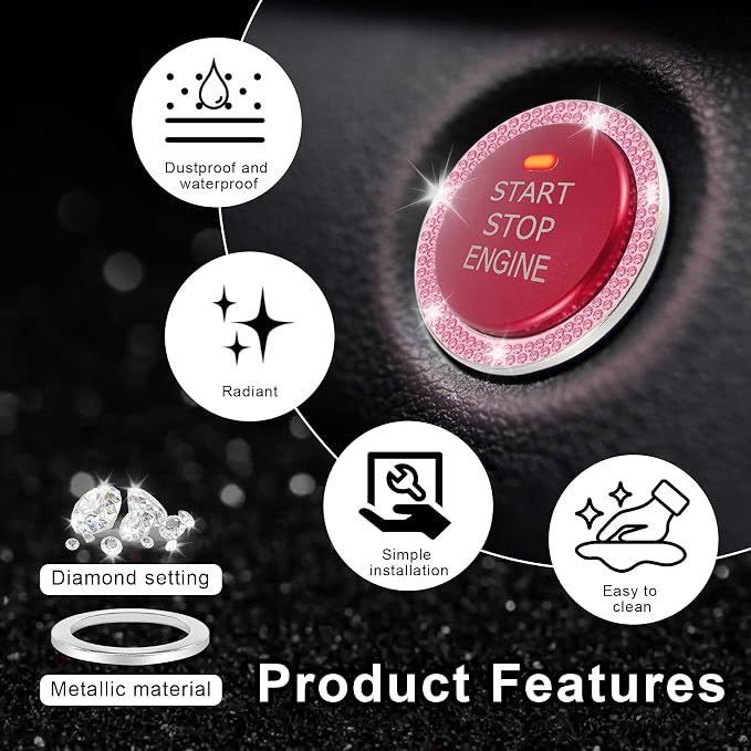LivTee 2 PCS Crystal Double Rhinestone Car Engine Start Stop Decoration Ring, Bling Car Interior Accessories for Women, Push to Start Button Cover Sticker, Automotive Decals, Pink