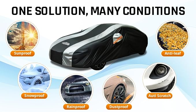 Car Cover Waterproof All Weather Protection with Silver Stripe Design,Outdoor Car Cover Universal Fit Audi A6 A7, Benz E-Class, Lincoln MKZ, Chrysler 300, Acura TLX RLX, Cadillac CT5