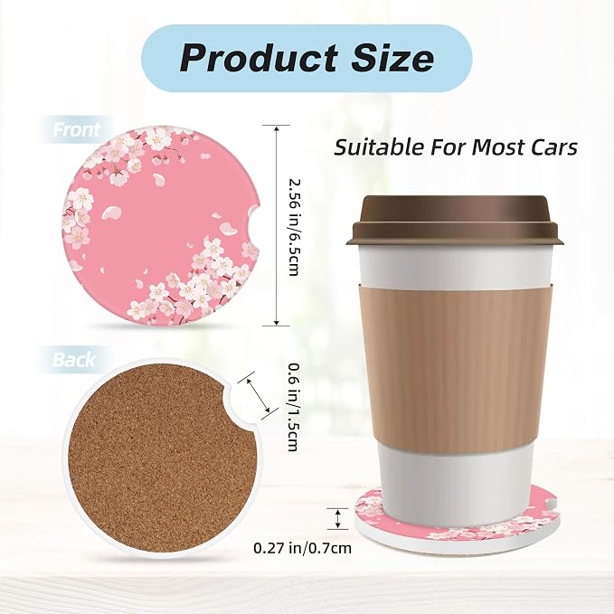 Pink Cherry Blossom Car Coasters for Cup Holders,2 Pack Car Cup Holder Coasters for Car,Ceramic Absorbent Car Coaster with A Finger Notch and Cork Base,Car Interior Accessories for Women Men