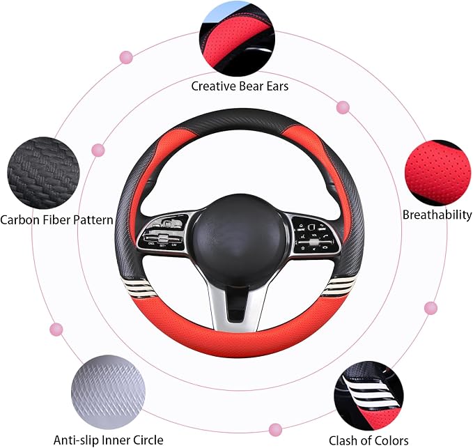 Small 14 inch Cute Leather Steering Wheel Cover Black and Red | Breathable Non-Slip Faux Leather and Carbon Fiber Car Accessories for Women Men 13.5 inch to 14 inch