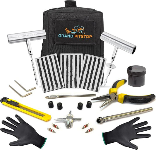 GRAND PITSTOP - Compact Tire Repair kit with Molle Storage Pouch. Heavy Duty Universal Tire Plug Kit, Easily Stores Inside Your UTV, ATV, Truck, Motorcycle