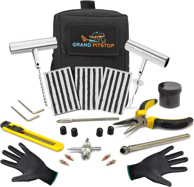 GRAND PITSTOP - Compact Tire Repair kit with Molle Storage Pouch. Heavy Duty Universal Tire Plug Kit, Easily Stores Inside Your UTV, ATV, Truck, Motorcycle