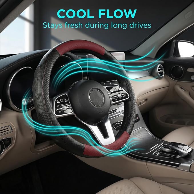 Car Steering Wheel Cover, Breathable Carbon Fiber Vehicle Steering Wheel Protector with Anti-Slip Lining, Automotive Interior Accessories, Universal for SUV RV Truck (Black Wine Red)