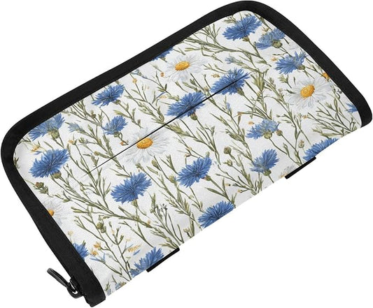 Car Tissue Holder Car Napkin Holder Tissue Box Dispenser Storage Case Sun Visor Mask Holder with Adjustable Straps Reusable Refillable Blue and White Daisy03