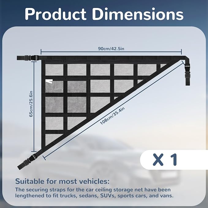 Large Black Car Ceiling Cargo Net with Three Handles Mesh Truck Pocket, Double-Layer Roof Rack Cargo Net for Road Trip Organizers Camping Storage Car Living Essentials