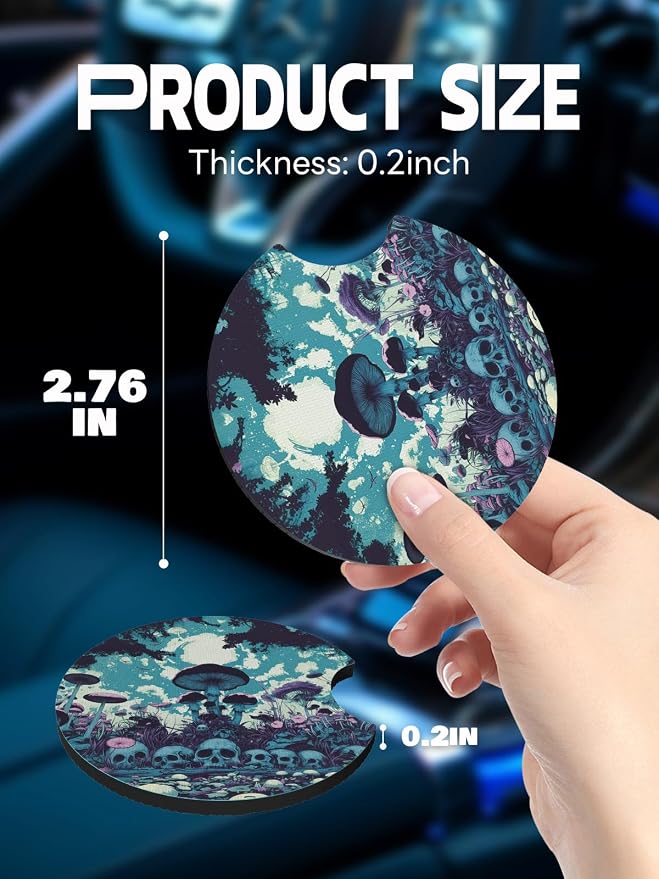 WOCOCN Car Coasters,Cup Holder Coasters for Car,2.75inch Anti Slip and Absorbent,Cute Automotive Interior Accessories for Cup Holder,Pack of 2 (Skull Under Mushroom)
