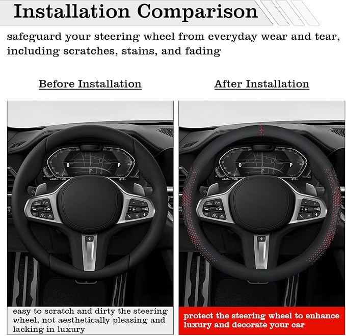 Car Leather Steering Wheel Cover - Panapi Material, Universal 14.5-15 Inch Leather Anti-Slip Breathable Auto Steering Wheel Covers for Men Women (Wave Point-Red)