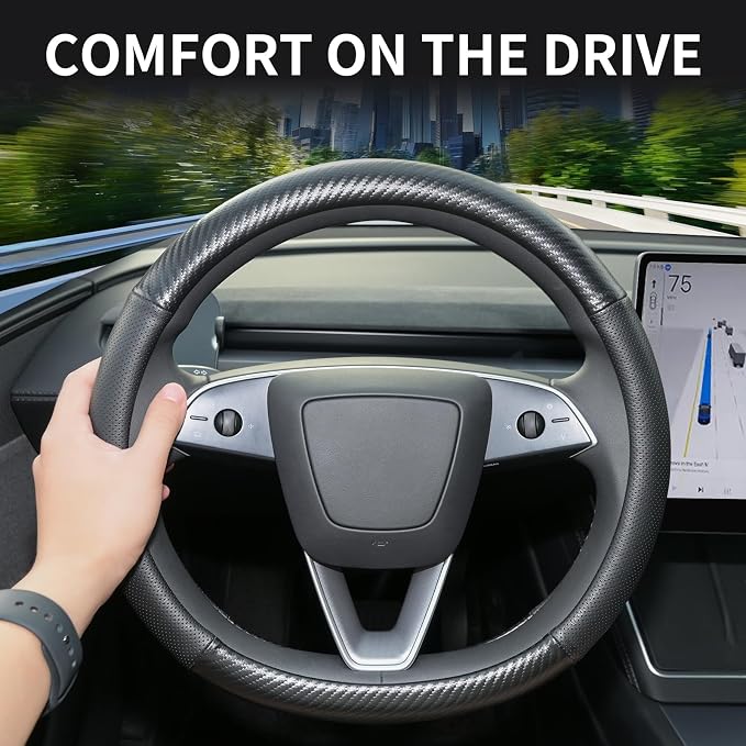 Uxcer Carbon Fiber Leather Steering Wheel Cover for Tesla Model 3/Y 2016-2025 2026 Juniper/Highland, Non-Slip Breathable Steering Wheel Protector for Tesla Model 3/Y Accessories 2026