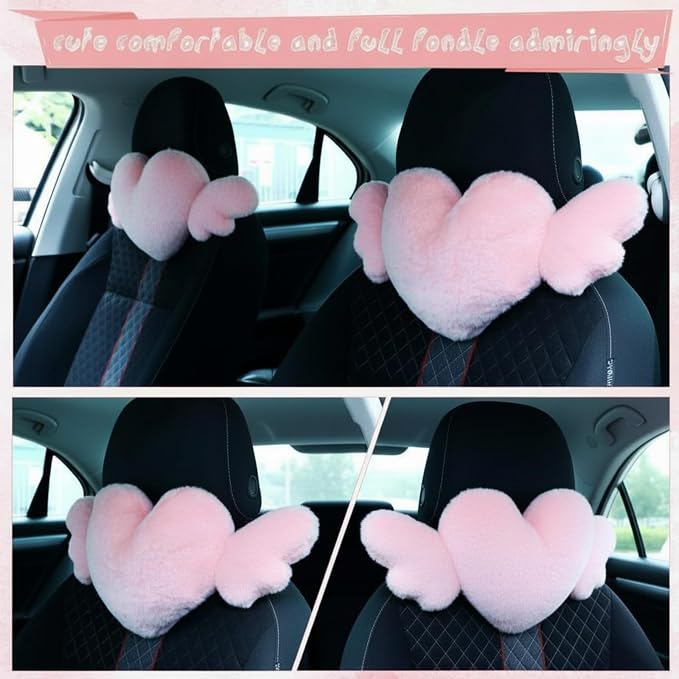 Macarrie 2 Pcs Plush Heart Shaped Pillow with Angel Wings Car Headrest Soft Comfortable Seat Pillow for Driving Travelling Room Office Car Decor, 19.7 x 8.3 Inch(Pink)